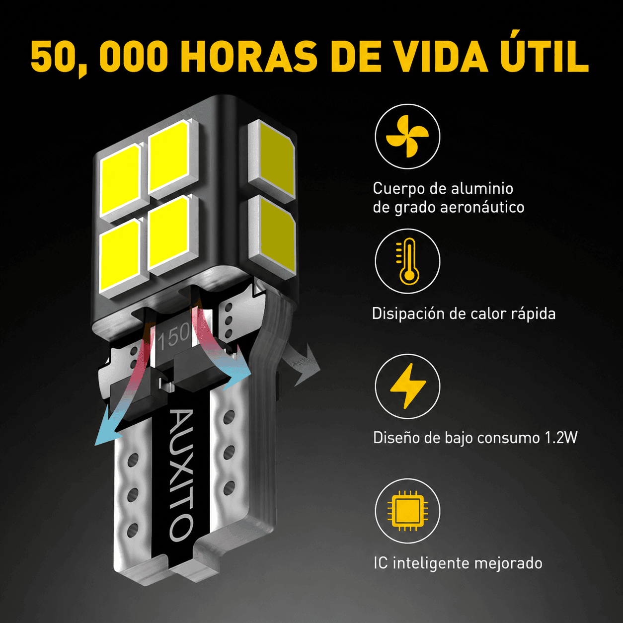 Bombillo LED AUXITO T10 W5W Cola de Pescado 14 SMD 2835 6500K Blanco Frío – Paquete de 10 - GX-T10-3 - Imagen 5